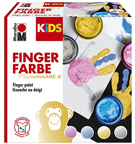 Marabu 0303000000086 - KiDS Fingerfarben-Set Sternenglanz mit leuchtenden Farben, 4 x 100 ml, vegan, auswaschbar, für Kinder ab 3 Jahren, Rosa, Blau, Gold, Silber