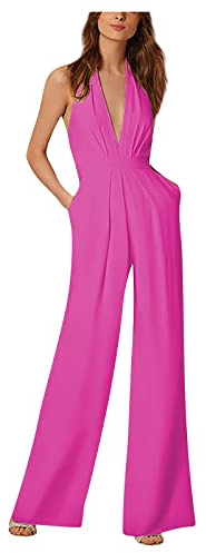 RMBLYfeiye Jumpsuit Damen Lang V-Ausschnitt Einfarbiges 3/4 Ärmel Chiffon Jumpsuit Mit Taschen Hohe Taille Tailliert Tunika Overall Hosenanzug Festlich Jumpsuit Elegant Hochzeit Gast, 2-Hot Rosa, XL