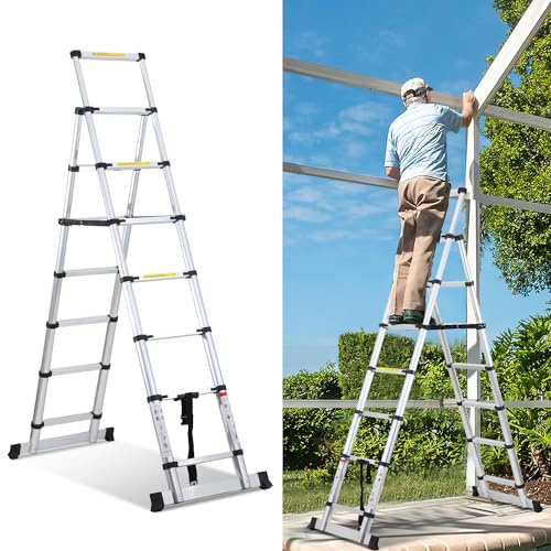 Herrselsam 2M+2.3M Échelle télescopique Pliable, échelle d'extension Antidérapante, Aluminium A-Frame Échelle Portable Ménage Extension Télescopique Extensible Pliable Multi-Usage Escabeau