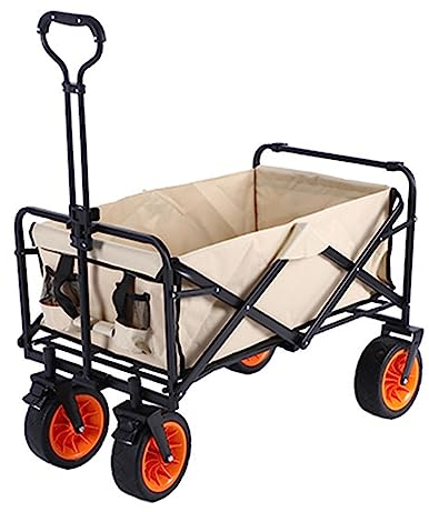 Bollerwagen Faltbar,Garten Handwagen Faltbar Tragfähigkeit 100 Kg Breite Reifen Transportwagen Mit Kapazität 100L Seitentasche Getränkehalter Verstellbarem Griff,Beige,10 Wheels