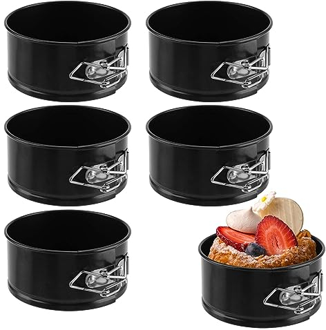 SINJEUN Confezione da 6 teglie rotonde nere da 10,2 cm, mini teglie a molla con fondo rimovibile, teglie da forno antiaderenti per cheesecake, per ristoranti, cucina