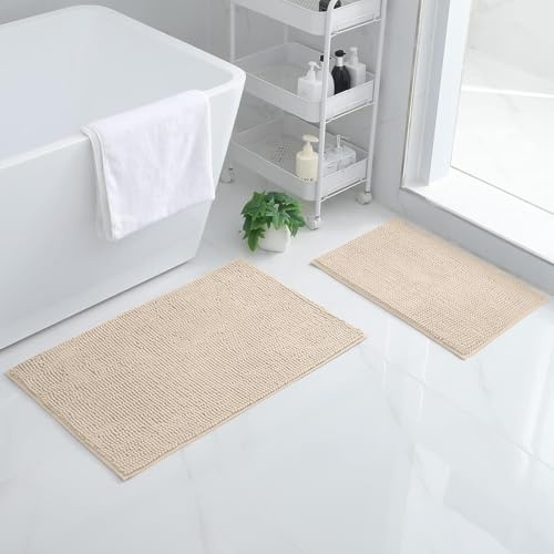 Homaxy Chenille Badezimmerteppich 2er-Set Badteppich Badematte rutschfest | 40x60+50x80cm Beige, saugfähiger Badvorleger, maschinenwaschbar Duschvorleger, weich komfortabel Badematten & Badteppiche
