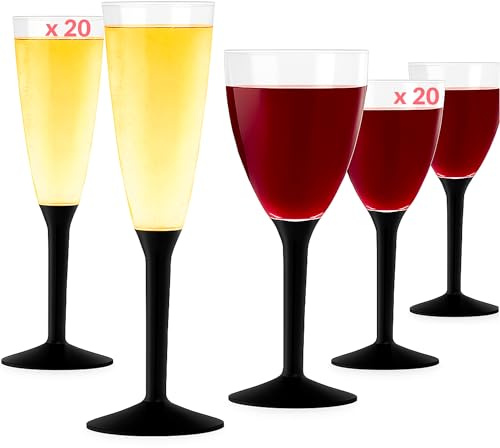 Flutes Champagne Plastique (20) + Verres Plastique Reutilisable (20) - Gobelet, Verre a Pied Coloré - Design Idéal pour Anniversaire, Mariage, Noël - 100% Recyclable et Réutilisable (Noir)