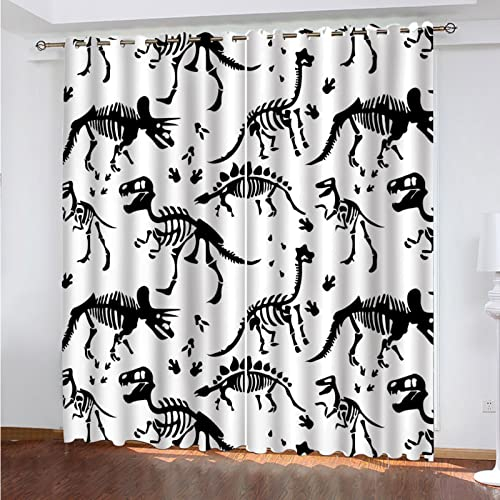 Blickdichte Vorhänge Mit Motiv 3D Schwarzes Dinosaurier-Skelett Kinder Gardinen Blickdicht Ösen Gardine Thermo 264x214 Cm Schlafzimmer Kinderzimmer Vorhänge Dekoratives Muster, Verdunklungsvorhänge