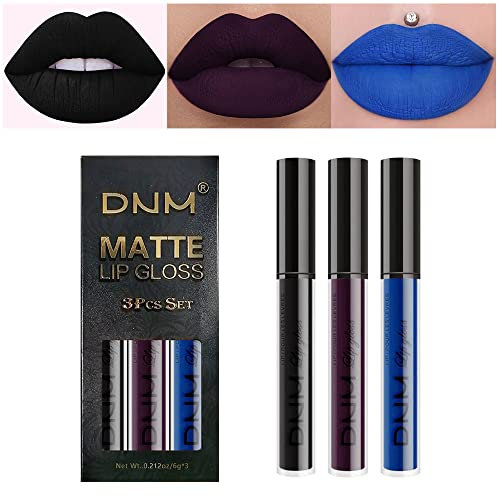 Lip Gloss Set, 3Pcs Noble Purple Dark Blue Black Matte Liquid Lipstick Set, Long-Lasting High Pigment Black Lipstick, Waterproof Matte Mist Lipgloss Set for women, Non-Stick Cup Lip Stain