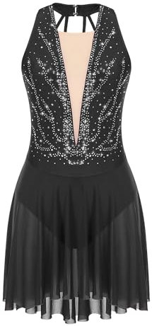 TiaoBug Eiskunstlauf Kleid Damen Ballettkleid Patchwork Mesh Strass Ballettanzug Gymnastikanzug Tanzkleid Skater Tutu Rock Schwarz K S