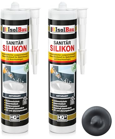 Isolbau Sanitär Silikon 2 x 300 ml Anthrazit - Hochelastischer Silikon-Dichtstoff für Abdichtungen & Fugen - wasserdicht - Kartusche