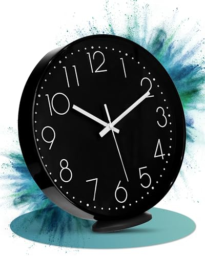 LATENO - Wanduhr Schwarz - Zum Aufstellen oder Aufhängen - 20 cm - Lautlos - Klassisch und Modern - Ohne Tickgeräusche - Für Wohnzimmer Büro UVM.