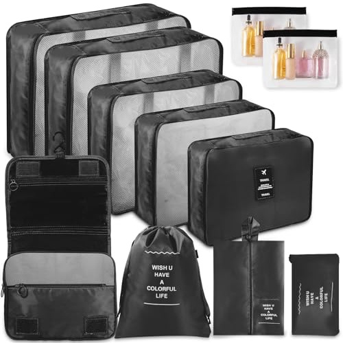 WECUTE Kofferorganizer-Set in Beige, 11-teiliges Packwürfel-Set, wasserdichte Reisetaschen, Urlaubs- und Reiseorganizer (Schwarz)