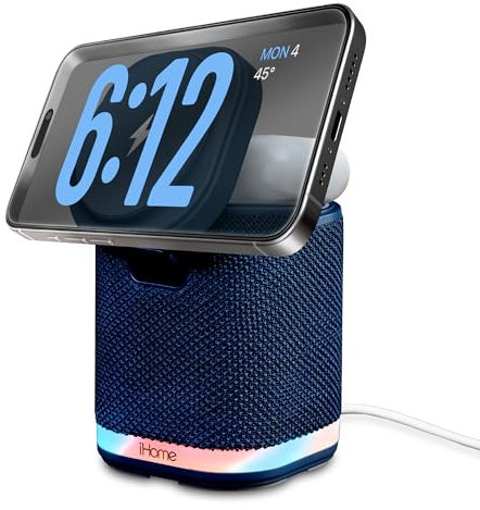 iHome Bluetooth-Lautsprecher mit kabellosem Ladegerät, Ladestation mit farbwechselndem Nachtlicht, Blau (iPBT50L)