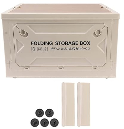 Ejoyous Boîte de rangement de camping avec couvercle en bois - 50 l - Avec 4 roulettes - Pliable - Pour voiture, camping, pique-nique - Gris et blanc