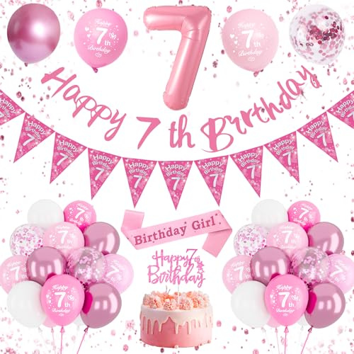 7. Geburtstag Mädchen Luftballon Rosa - Party Deko Set Mit Happy Birthday Banner für 5. und 7. Jahre