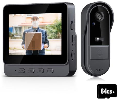 Visiophone, 4.3 pouces Vidéo Interphone Visiophone Portier sans Fil, caméra de sonnette avec moniteur, Détection Humaine, Audio Bidirectionnel, La Fonction de Vision Nocturne+ 64G carte mémoire (B)