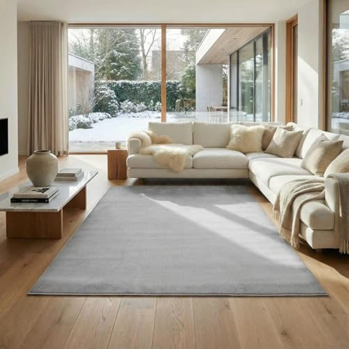 Jimri Flauschiger Teppich Läufer - Hochwertiger Kurzflor für Zuhause, Büro, Küche, Eingang, Flur, Wohnzimmer - Maschinenwaschbar - Rutschfester Teppich Waschbar - 140x200 cm - Silber