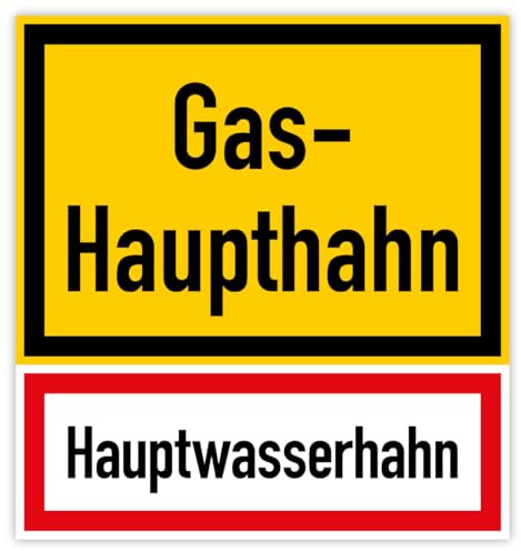 Aufkleber Warnung Hinweis „Gas-Haupthahn Hauptwasserhahn“ Warnhinweis Folie selbstklebend | laminiert | 297 x 315 mm Made in Germany