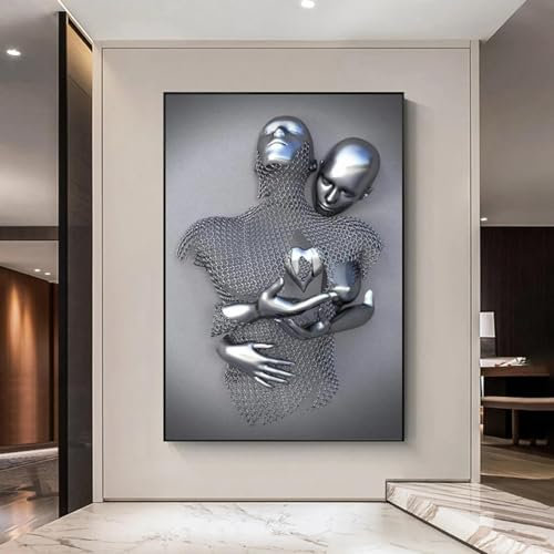 Romantische Metallliebhaber Figur Statue Kunst Leinwand Malerei Paare Skulptur Poster Drucke Wandkunst Bild Wohnzimmer Dekor 80x120cm (32x47in) Rahmenlos