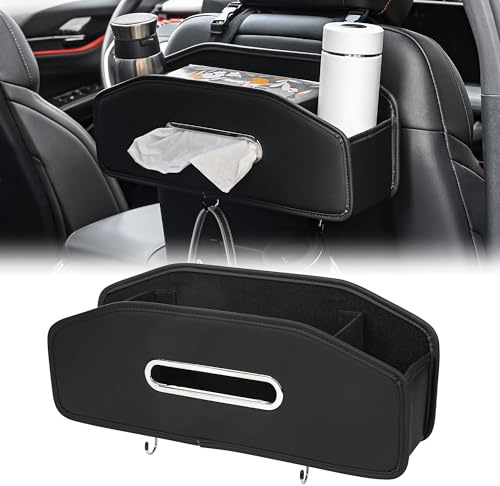 Qirc Organisateur de siège arrière de voiture avec 2 porte-gobelets, boîte de rangement suspendue pour appuie-tête avec crochets, boîte de mouchoirs multifonctionnelle pour siège arrière de voiture