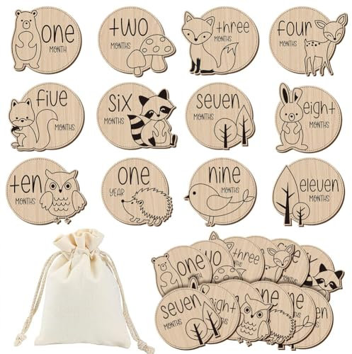Pmnzdy 12 Stück Holz Meilensteinkarten Set Holzschild mit Tierchen Bedruckt Geburtsanzeige Baby-Ankündigung Schild für Schwangere, werdende Mütter & Eltern ltern Babyparty Geschenk zur Geburt