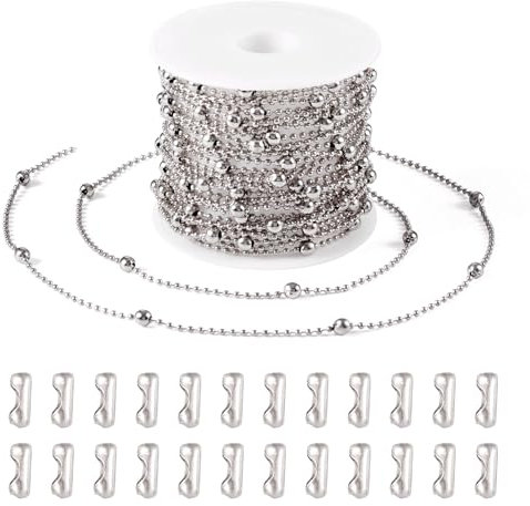 PandaHall - Catena con perline a sfera, 5 m, con piastrina per cani, estensione, saldata, con connettori a sfera, per bracciali, collane e gioielli