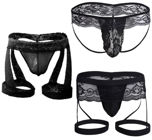 VemeFufu Tangas Jockstrap para Hombre Sexy Suspensorio Encaje Tanga Slips Sissy Ropa Interior Thong Deportivo Atlético Calzoncillos Transpirable Hilo Elásticos Mankini Masculino 3 Pack Negro