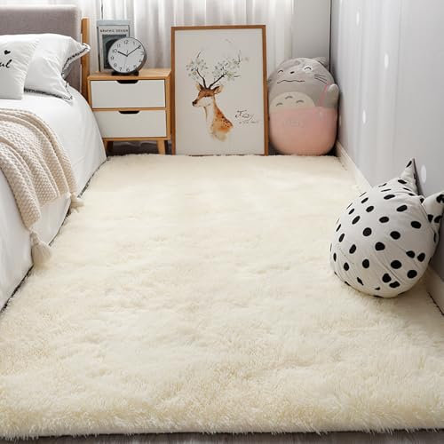 YUANWAN Hochflorteppich Langflor Teppich 70 x 95 cm Flauschig Weicher, Maschinenwaschbarer Hochflor Teppich Wohnzimmer Weich Flauschiger Vorleger für Schlafzimmer, Wohnzimmer, Weiß