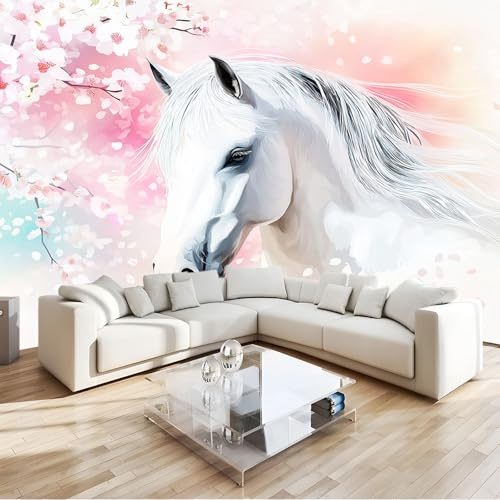 Fototapete 3D Vliestapete mit Tiere Weißes Pferd Kirschblüten Hellrosa 300x210cm XXL Panorama Wandbild für Mädchen & Jungs Schlafzimmer Wanddekoration mit 3D Effekt