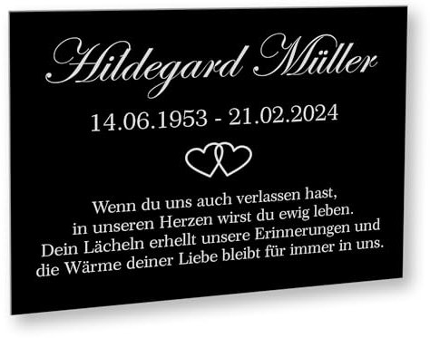 INDIGOS UG - Gedenktafel mit Symbolen - 20x15 cm - wetterfeste Grabplatte als Grabstecker - Text und Datum - Schilder selbst gestalten mit Wunschname, Trauerspruch und Datum bedruckt