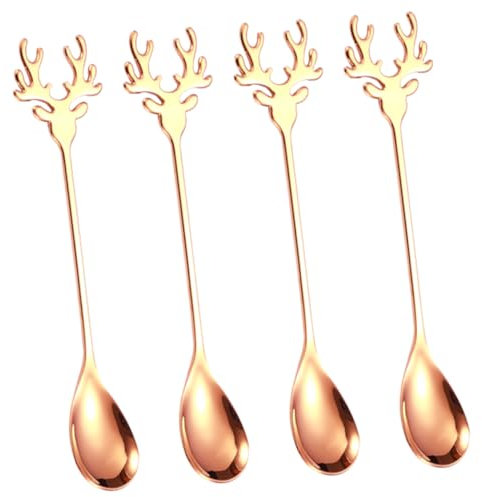 BEBEMOKO 4pcs Stainless Steel Cartoon Elk Coffee Spoons Mixing and Stirring Spoons for Tea Desserts and More Finish for Home Use