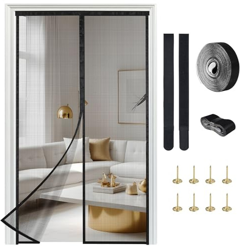 Mosquitera magnética para puerta, 90 x 210 cm, red de fibra de vidrio, mosquitera ideal para puerta de balcón, sótano o terraza. Montaje fácil con adhesivo sin necesidad de taladrar, resistente a