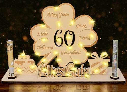 60 Geldgeschenke Geburtstag für Frau Mann,LED Kleeblatt Glück 60. Geburtstag Geschenke Frau Mann,60 Geburtstag Geldgeschenke Verpackung für Männer Frauen,Holz Gästebuch Personalisierbares Tischdeko