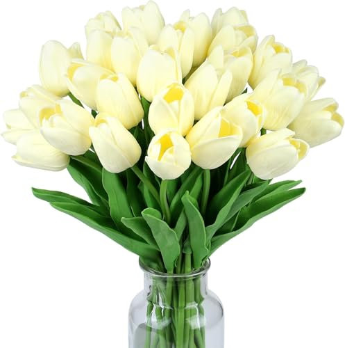 SpirWoRchlan 20pcs Real Touch Latex Artificial Tulips Flowers Fake Tulips Flowers Wedding Bouquets for Wedding Home Garden Decoration Valentine's Day Mother's Day Easter Gifts Champagne