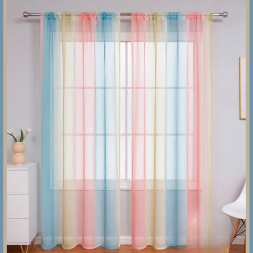 2er Set Gardinen halbtransparente Vorhänge Farbverlauf Voile Dekoschal Fensterschal Scheibengardine Schlaufengardinen Modern für Schlafzimmer und Wohnzimmer Raumteiler 150x250cm(BxL),Rosa Gelb Blau