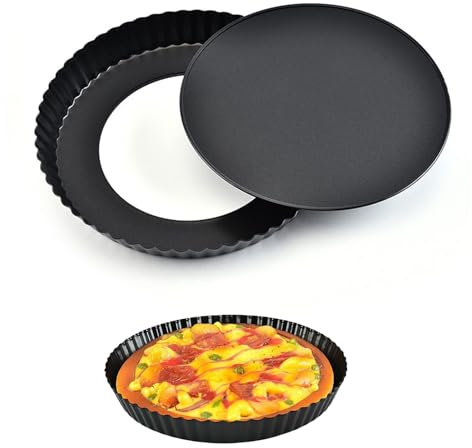 Cuicany Moldes para Quiche Redondo, Quiche Tart Pan Antiadherentes, Sartenes de Tarta de Quiche, Molde Redondo para Tarta Acero Carbono, para Pasteles, Quiches, Galletas, 21.5x21.5x4 cm