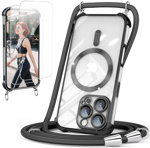 GOODVISH Handykette für iPhone 16 Pro Max Hülle mit Band, Schwarz | mit 2 Stück Schutzfolie, mit Kamera Schutz, Necklace Handyhülle mit kette, Transparent 360° Schutz Magnetisch Case 6,9