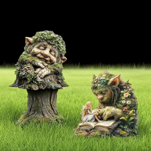 Generisch Garten Deko Gartenfiguren für Draußen Wetterfest, Wetterfeste Elfen-Gartendeko, Schildkröte und Gartenzwerg Statue, 2D Harz Gartendeko Figuren, 2D Teich Deko Geschenk (Stil-H(2PC))