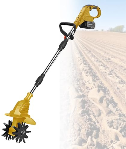 Cordless Tiller Cultivator, 270 RPM Electric Garden Tiller for Plowing, Weeding, Turning Soil, High Bed Planting, Clearing Stuck Weeds, Soil Cultivation,Yellow-FourBlades-1battery