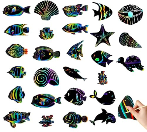 WUSJCOF 27 Feuilles Images à Gratter, Papier Animaux Marins, Carte, Peinture Arc-en-Ciel, Papier à Gratter Bricolage pour Enfant, Petits Cadeaux pour Invités d'Anniversaire, Pochette Surprise