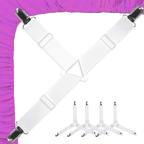 Lot de 4 tendeurs de draps blancs réglables avec clips élastiques