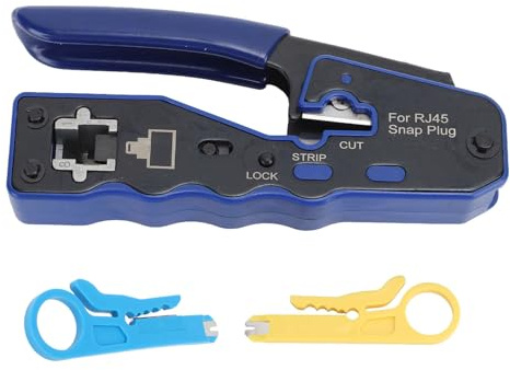 Fockety Kit de Herramientas de Enjuague RJ45, Paso A Través de Crimpadora para Cat5, Cat5e, Cat6, RJ45/RJ12, Acero Al CarbroBrokerO Herramiente de Crimpado Pelacables Cortador Con 8P8C Enchufes