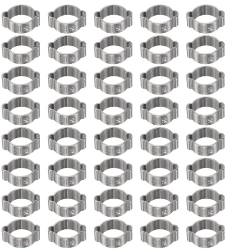 sourcing map 40pcs Double Ear Hose Clamp 13-15 mm 304 Stainless Steel Hose Clamp Double Ear O Clips Crimp Rings for Fuel Line Pipe Tube Fitting Connections, Silver