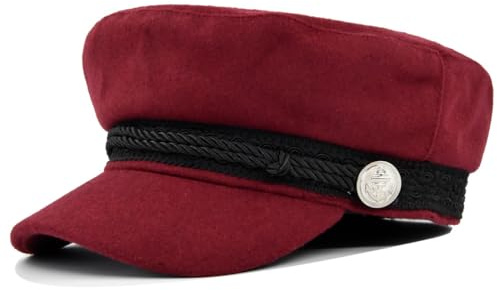 MAKFORT Military Cap Army Cap Damen Wollmischung Flache Kappe UV Sonnenhut Mit Knöpfe, Seil, Spitze Dekoration Weinrot