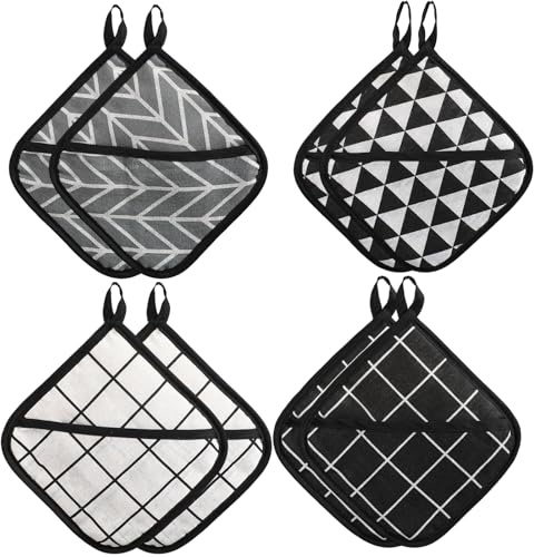 8 Stück Topflappen mit Tasche Topflappen Set Topflappen Aus Baumwolle Hitzebeständige Küchenhandschuhe Schwarz Weiß Grau Für Backen und Kochen, Hitzebeständig und Langlebig