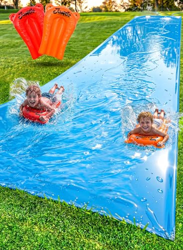 JAMBO 30 fot x 6 fot XL MEGA blå vattenrutschkana, 2 Bodyboard, uppdaterad modell – extra lång extra bred glidskydd för barn, kraftig gräsmatta vattenrutschkana, utomhus vattenleksak, stänkmatta