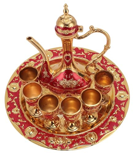 TOPINCN Vintage Turkish Coffee Pot Cups Set with Tray and 6 Cups, Retro Coffee Pot Set, Zinc Alloy Wine Decorative Tea Service for Home Party Wedding Decor (Gold Red)