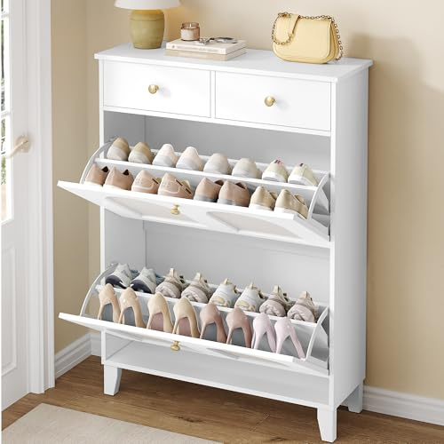 Hzuaneri Schuhschrank mit 2 Klappen, Rattan, 2 Schubladen, 12-16 Paar | Großer Schuhschrank Holz, Trennwand Verstellbar, Schuhaufbewahrung für Flur, Garderobe, 26,5 x 82,2 x 110 cm, Weiß SR65203Y