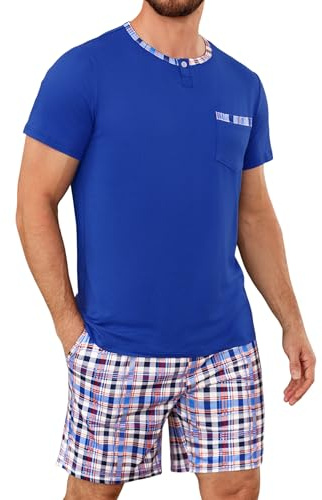 Jahetuul Pyjama Homme en Coton 2 Pièces Court Col Rond à Carreaux | Coton doux, col rond, poches pratiques, à carreaux pour la nuit, la détente et les moments à la maison.