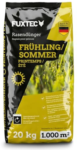 FUXTEC Abono césped primavera verano FX-RDFS20 • 20 kg hasta 500 m² • Favorece crecimiento denso y verde intenso • Liberación controlada • Ideal para mantenimiento estacional