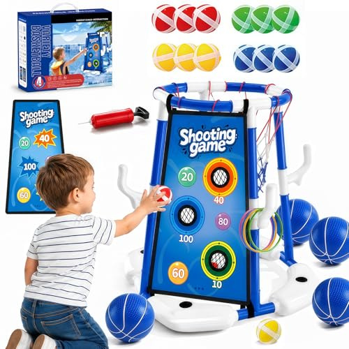Ronronner 3-in-1 Pool Basketballkorb für Den Pool, Pool Spielzeug mit Sticky Ball Toss & Ring Toss, 12 Klebebällen, 4 Basketball, Wasserspielzeug Kinder Outdoor für Kinder 4-8 & Erwachsene - Blau