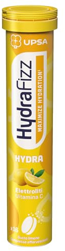 UPSA Hydrafizz Hydra Lemon, Elettroliti, 16 Compresse Effervescenti | Integratore Alimentare con Elettroliti e Vitamina C, Gusto Limone, Idratazione Massimizzata e Supporto al Sistema Immunitario