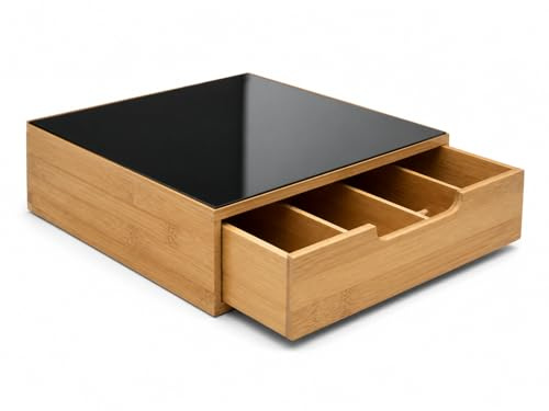 Cassetto Portacapsule in Bamboo con Piano in Vetro – Organizer Capsule Caffè 3 Scomparti, Porta Capsule e Cialde, Salvaspazio per Cucina e Coffee Station (vetro nero)